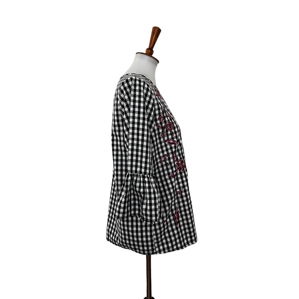 Jennifer & Grace Elbow Sleeve Gingham Floral Embroidered Top Black White Medium - Picture 2 of 8